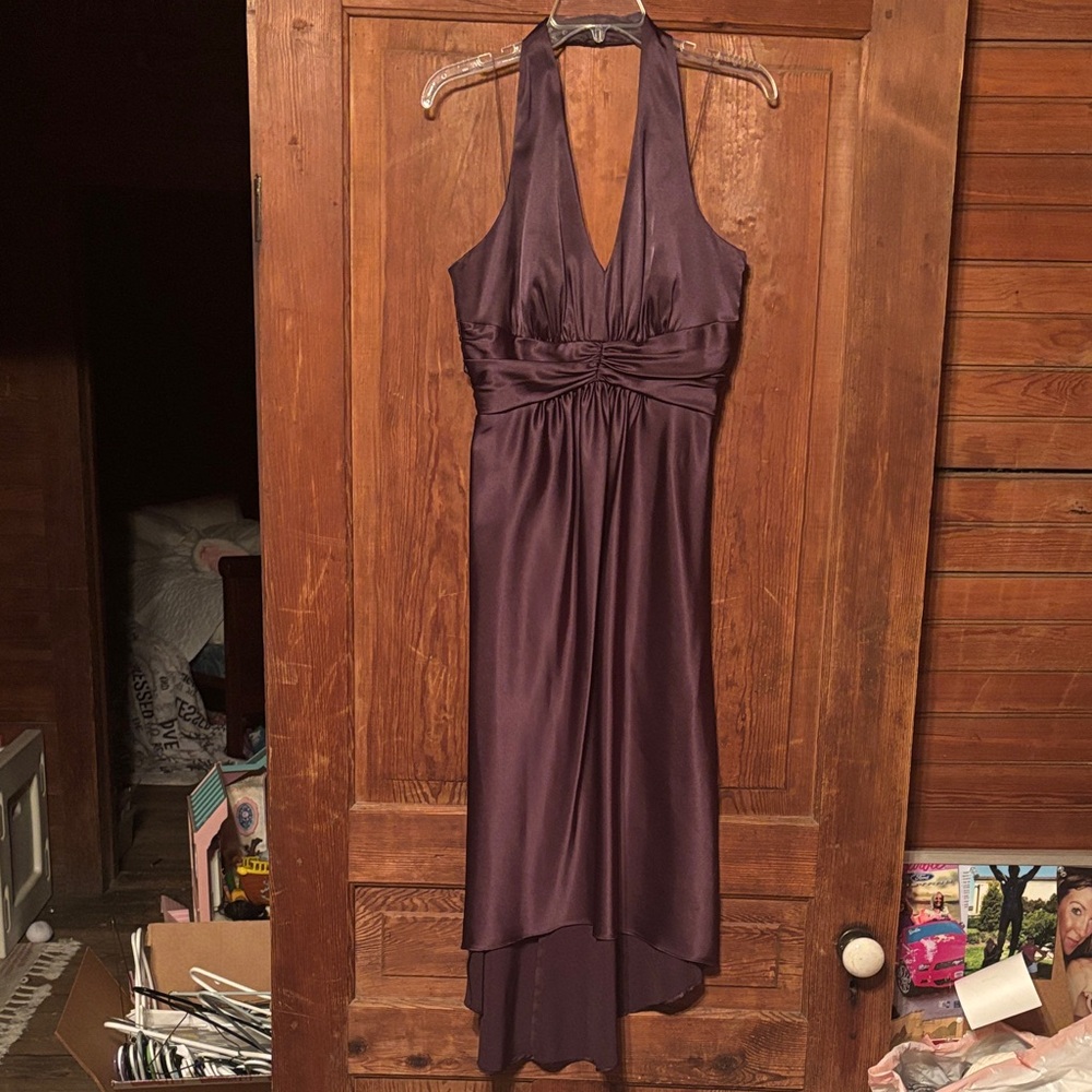London Times Plum Halter High Low Dress